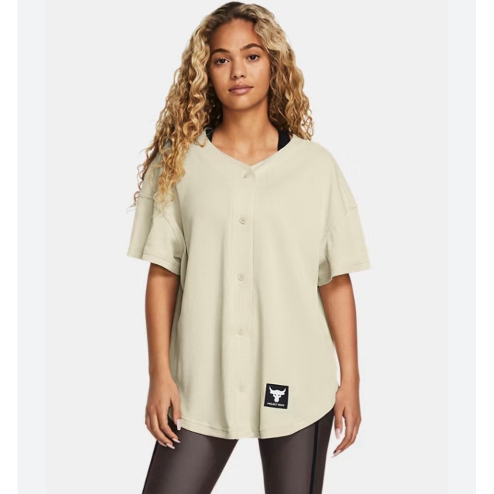 Under Armour Project Rock Over Shirt Women's Small beige‎ New Workout Athleisure